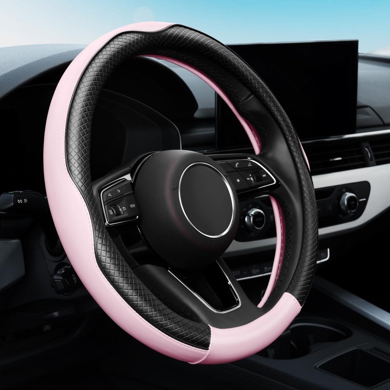 YHONGJT Soft Premium Leather Steering Wheel Cover Breathable NonSlip Grip Universal 15 Inch for Women Girls Fit Vehicles Sedans SUVs Vans Trucks Light Pink - Image 2