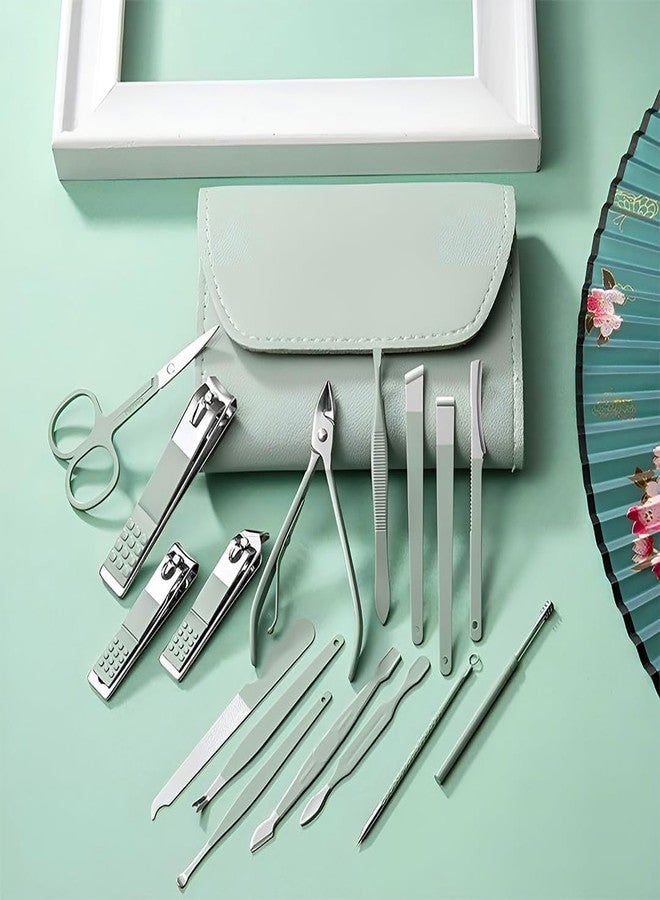 Kauldvishe 16-in-1 Professional Manicure Pedicure Set for Women & Men | Stainless Steel Luxury Grooming Kit with Nail Cutter, Clipper, Scissors & Acne Tool | Perfect Travel Gift (Green) - Image 2