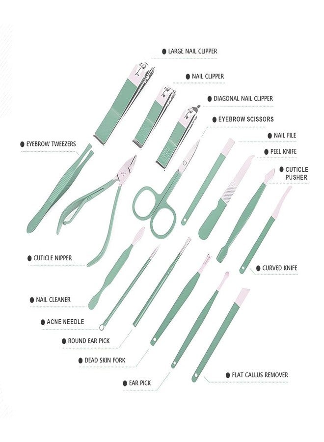 Kauldvishe 16-in-1 Professional Manicure Pedicure Set for Women & Men | Stainless Steel Luxury Grooming Kit with Nail Cutter, Clipper, Scissors & Acne Tool | Perfect Travel Gift (Green) - Image 5