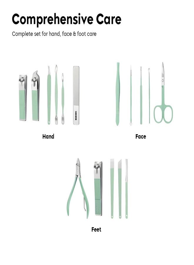 Kauldvishe 16-in-1 Professional Manicure Pedicure Set for Women & Men | Stainless Steel Luxury Grooming Kit with Nail Cutter, Clipper, Scissors & Acne Tool | Perfect Travel Gift (Green) - Image 4