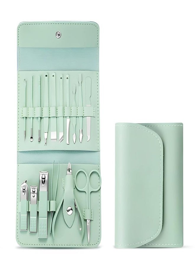 Kauldvishe 16-in-1 Professional Manicure Pedicure Set for Women & Men | Stainless Steel Luxury Grooming Kit with Nail Cutter, Clipper, Scissors & Acne Tool | Perfect Travel Gift (Green) - Image 1