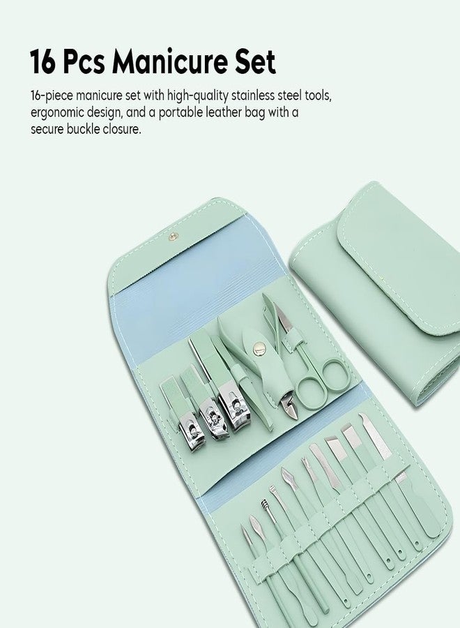 Kauldvishe 16-in-1 Professional Manicure Pedicure Set for Women & Men | Stainless Steel Luxury Grooming Kit with Nail Cutter, Clipper, Scissors & Acne Tool | Perfect Travel Gift (Green) - Image 3