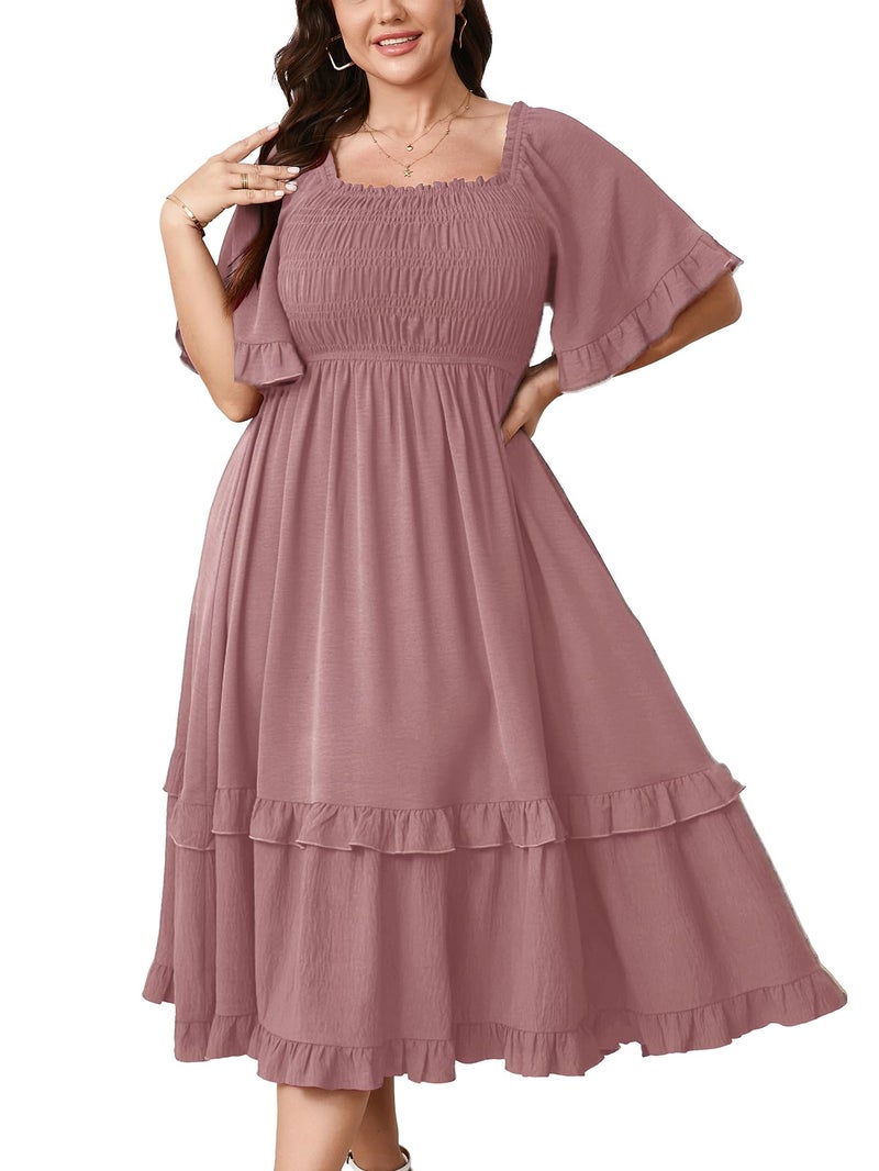 SCOMCHIC Women's Plus Size Maxi Dresses Summer Short Sleeve Square Neck Smocked Wedding Guest Cocktail Boho Long Dress Pink - Image 1