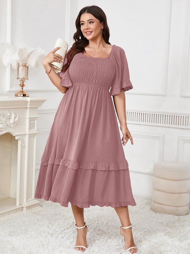 SCOMCHIC Women's Plus Size Maxi Dresses Summer Short Sleeve Square Neck Smocked Wedding Guest Cocktail Boho Long Dress Pink - Image 4