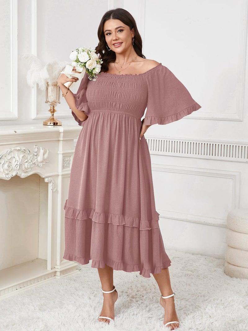 SCOMCHIC Women's Plus Size Maxi Dresses Summer Short Sleeve Square Neck Smocked Wedding Guest Cocktail Boho Long Dress Pink - Image 2
