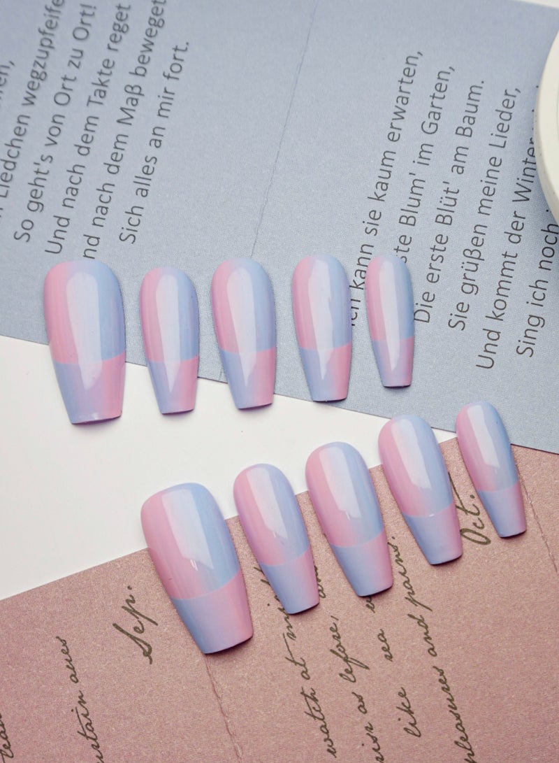 Artist Design/Pink and Blue Gradient Checker (Handmade)/Press On nails/Luxury Hand Painted/Long Coffin/10 PCS/M Size - Image 1
