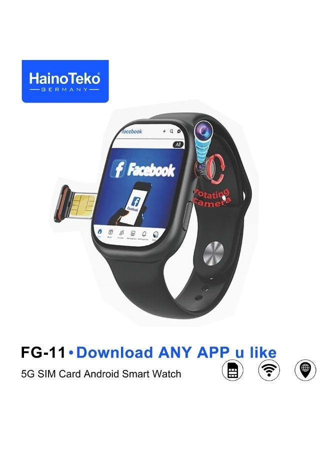 Haino Teko FG-11 5G Android Smart Watch with SIM Card Slot, Rotating Camera, Play Store Support, Fitness & Health Tracking, Call & Message Alerts, Stylish Unisex Design – Black - Image 2