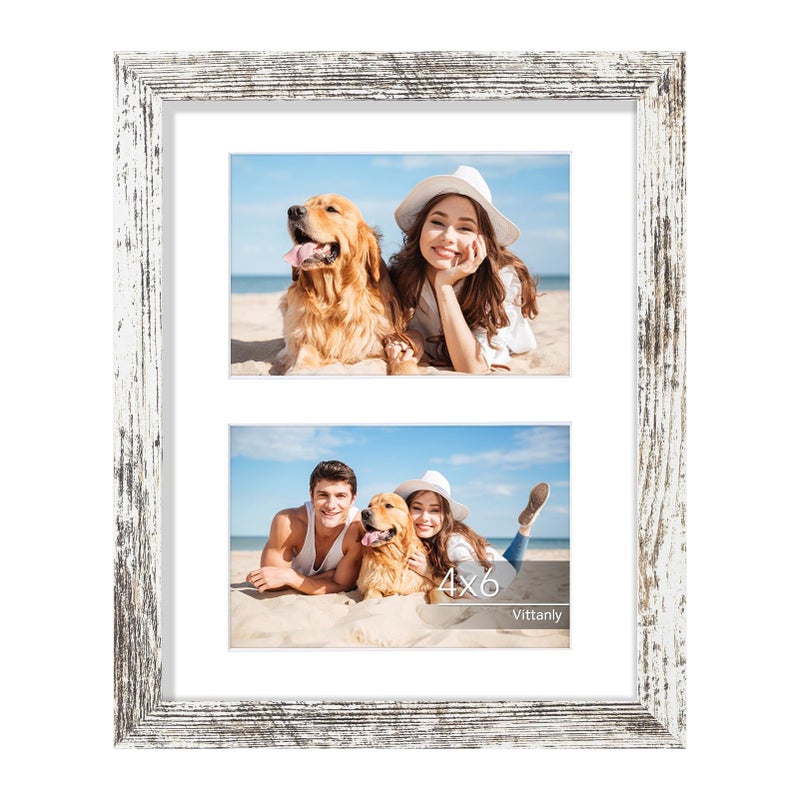 Vittanly 8x10 Collage Picture Frame  Displays 2Pcs 4x6 Pictures with Mat or 1Pcs 8x10 without Mat  Photo Frame for Wall Mounting or Table Top with Stand  Distressed White  1 Pack