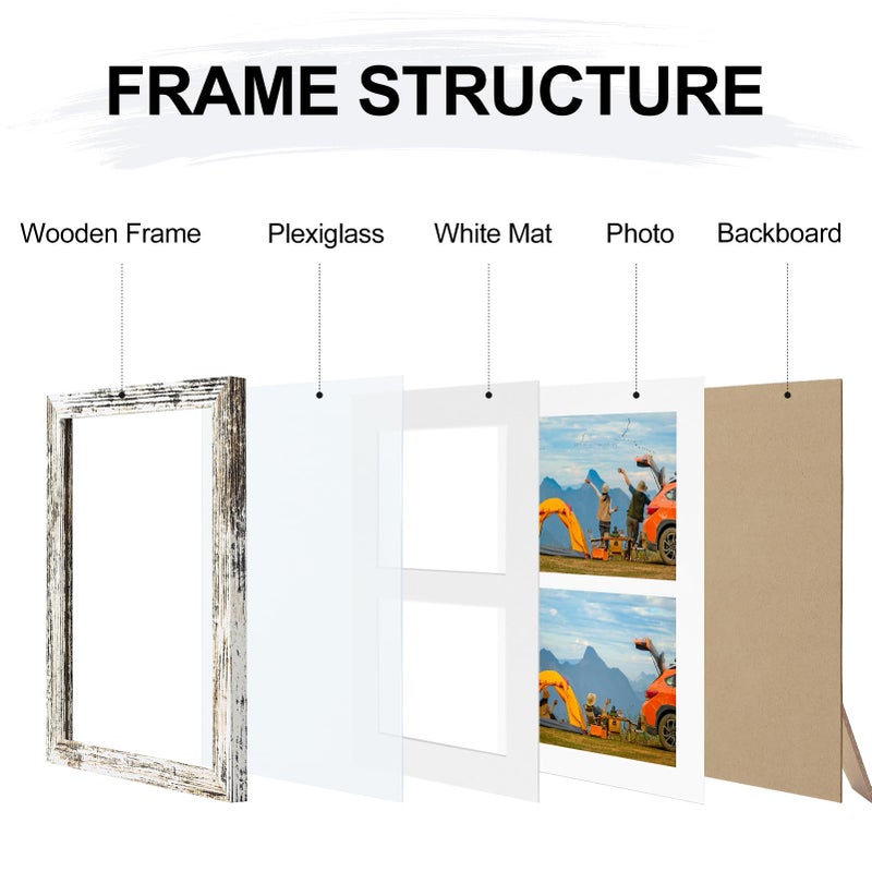Vittanly 8x10 Collage Picture Frame  Displays 2Pcs 4x6 Pictures with Mat or 1Pcs 8x10 without Mat  Photo Frame for Wall Mounting or Table Top with Stand  Distressed White  1 Pack