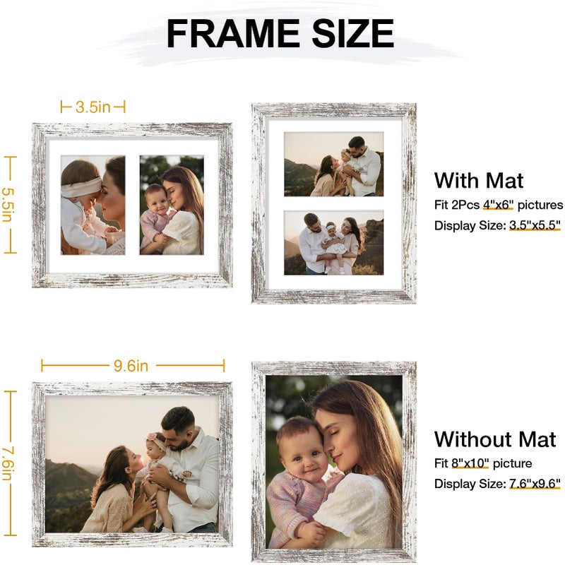 Vittanly 8x10 Collage Picture Frame  Displays 2Pcs 4x6 Pictures with Mat or 1Pcs 8x10 without Mat  Photo Frame for Wall Mounting or Table Top with Stand  Distressed White  1 Pack