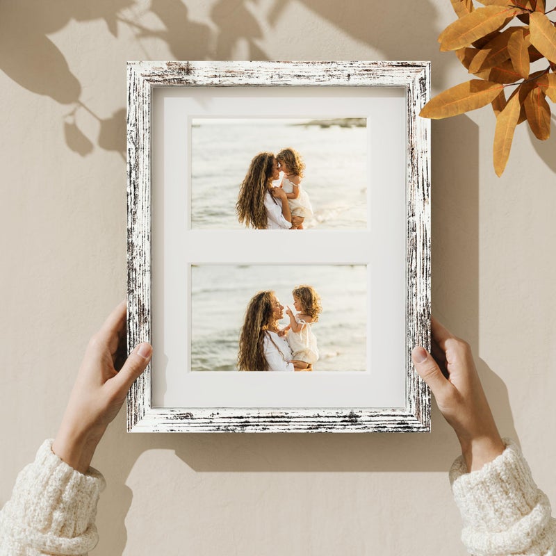 Vittanly 8x10 Collage Picture Frame  Displays 2Pcs 4x6 Pictures with Mat or 1Pcs 8x10 without Mat  Photo Frame for Wall Mounting or Table Top with Stand  Distressed White  1 Pack