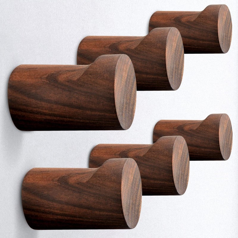 COCOYA Natural Wood Wall Hooks 6Pack Minimalist Hat Hanger Easy Install Wall Mount Wooden Peg Knob Walnut Cute Simple Modern Small Room Decor for Hanging Coat Towel Cap Bag Purses Jacket Backpack