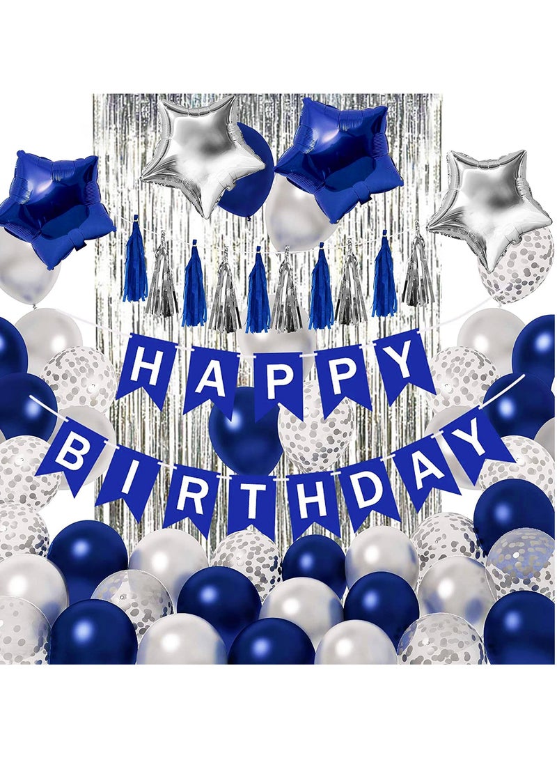 43 PCS Blue and Silver Birthday Party Decoration Set, Happy Birthday Banner Tassle Fringe Foil Star Balloons Confetti Balloons Complete Birthday Decoration Kit  - Image 1