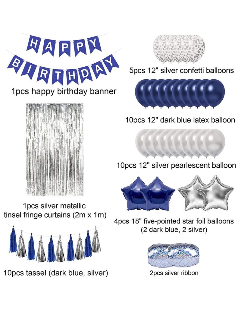 43 PCS Blue and Silver Birthday Party Decoration Set, Happy Birthday Banner Tassle Fringe Foil Star Balloons Confetti Balloons Complete Birthday Decoration Kit  - Image 3
