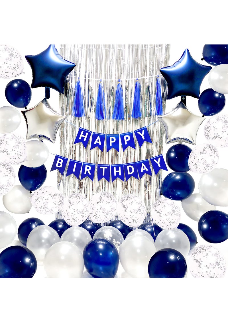 43 PCS Blue and Silver Birthday Party Decoration Set, Happy Birthday Banner Tassle Fringe Foil Star Balloons Confetti Balloons Complete Birthday Decoration Kit  - Image 4