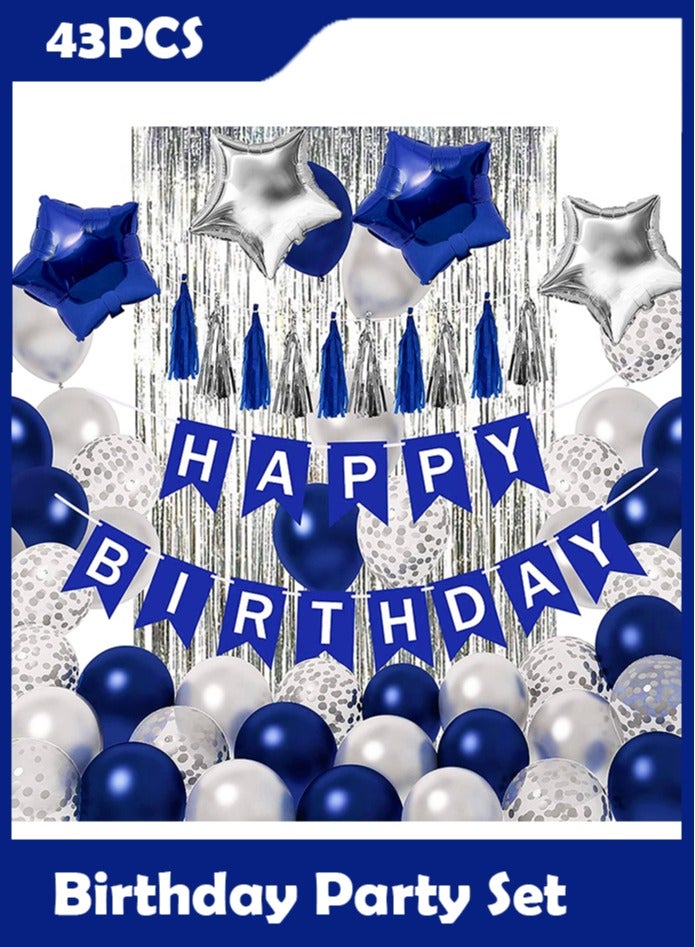 43 PCS Blue and Silver Birthday Party Decoration Set, Happy Birthday Banner Tassle Fringe Foil Star Balloons Confetti Balloons Complete Birthday Decoration Kit - Image 1