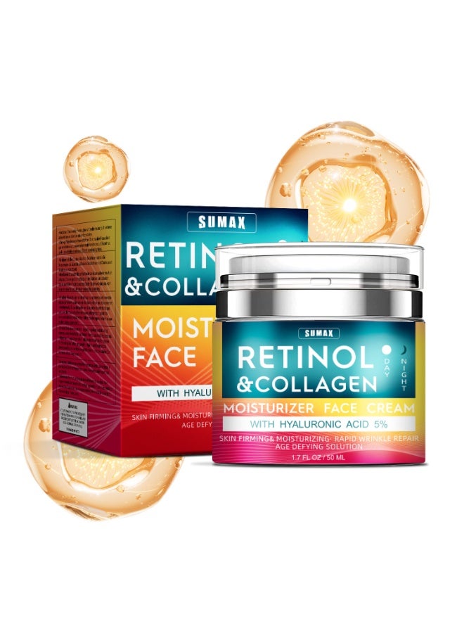 SUMAX Retinol Cream for Face with Hyaluronic Acid, Day-Night Anti-Aging Moisturizer for Women, Men, Collagen Cream for Face Reduces Wrinkles, Dryness, 1.7Oz - Image 1