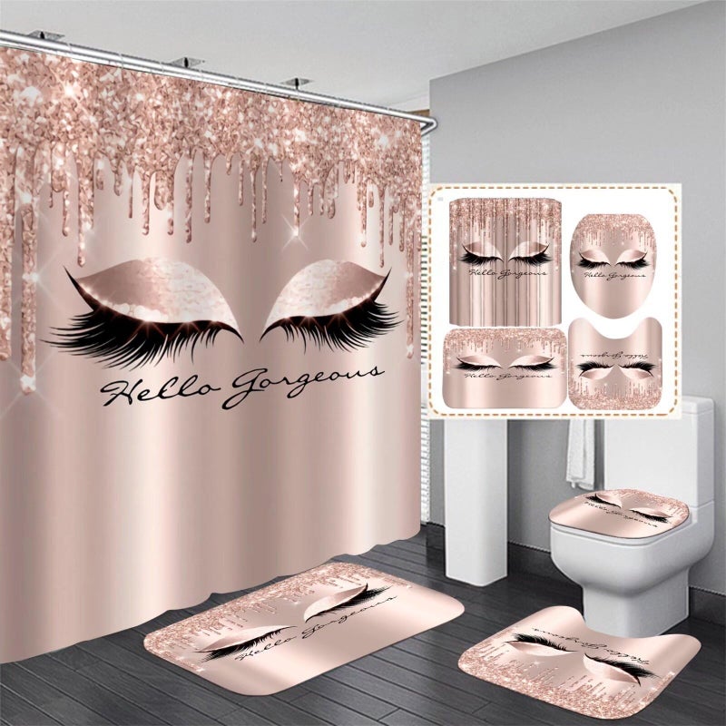 AZHM 4PCS Pretty Eyelash Shower Curtain Set Hello Gorgeous Bathroom Decor Set Pink Rose Gold Bathroom Curtains Shower Set with Shower Curtain and Rugs and Accessories