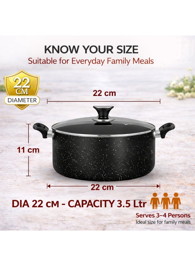 Sonex Non Stick Casserole 22 cm (3.5 Ltr), Marble Granite Coated, Heavy Duty Cookware, Even Heating, Tempered Glass Lid, Durable Aluminum Built, Heat Resistant Handle, Easy to Clean - Image 2