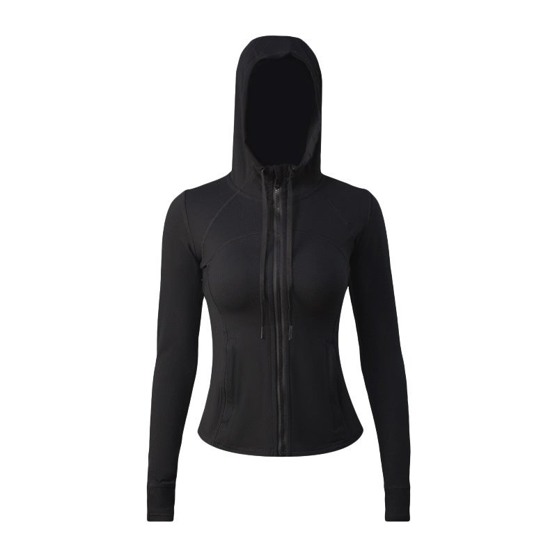 Yoga clothes double-sided brushed womens sports hooded jacket womens high elastic zipper jacket cardigan slim fit nude Black 033 hoodie