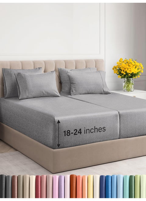 Extra Deep Split King Sheet Set - 7 Piece Breathable & Cooling Sheets - Hotel Luxury Bed Sheets Set - Easy Fit - Soft  Wrinkle Free & Comfy Sheets Set - Heathered Grey Sheet Set w/Extra Deep Pockets