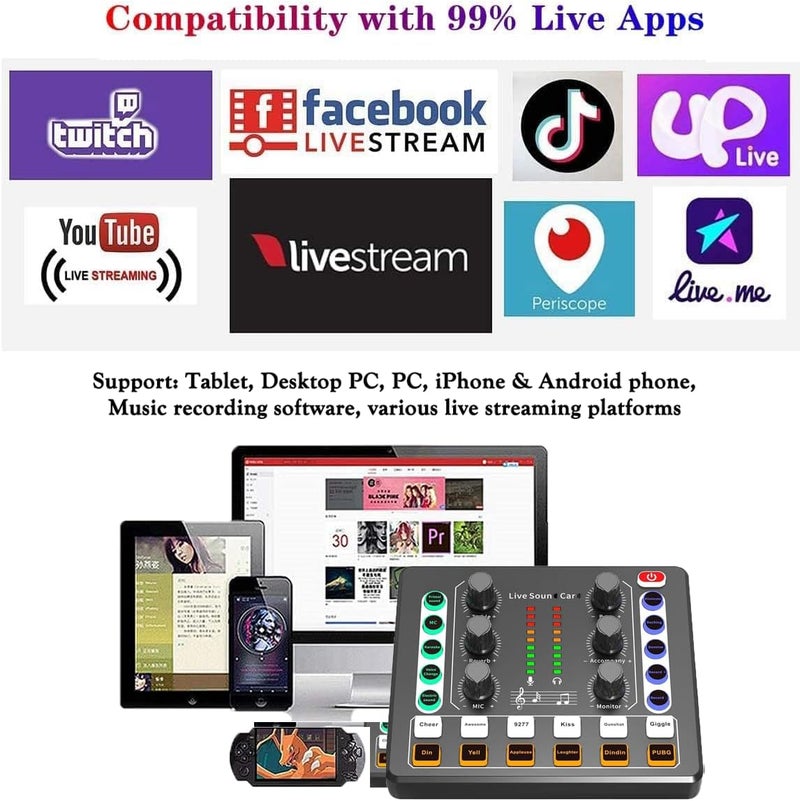 Live Sound Card, M8 Mini Audio Mixer Board, DJ Mixer, for Music Recording Karaoke Singing Broadcast & Live Stream/Podcast/Game(White) - Image 4