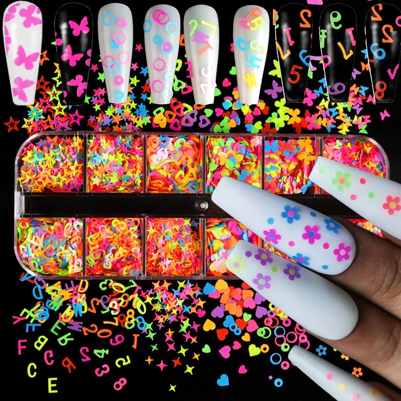 Holographic Nail Glitter Flakes Fluorescent Nail Art Sequins Design Mixed Love Heart Butterfly Flowers Letters Stars Circle Acrylic Nails Supplies for Women Girls Manicure Charms Decorations