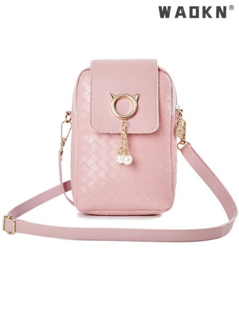 WAOKN Women's Korean Style Fashionable Woven Shoulder Bag, New Versatile PU Leather Crossbody Bag for Ladies，Girls' Flip-top Magnetic Buckle Carrying Bag, Fresh and Sweet Tote Bags(Pink) - Image 1