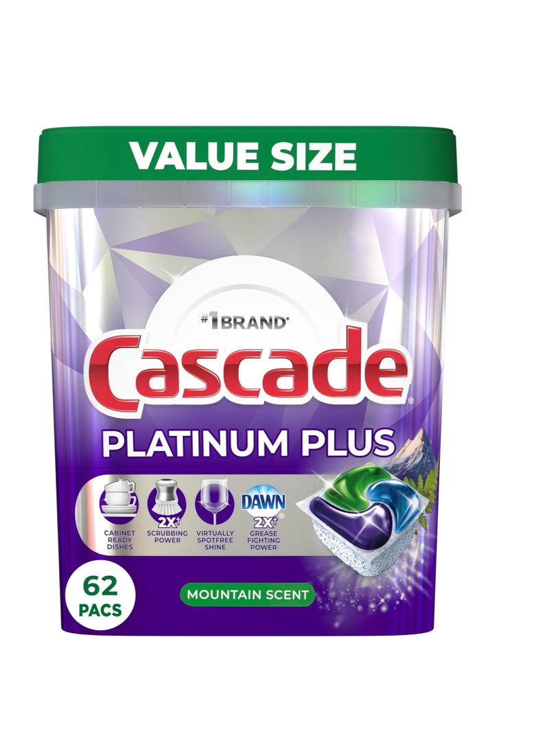 Cascade Cascade Platinum Plus ActionPacs Dishwasher Detergent pods, Mountain, 62 Count  - Image 1