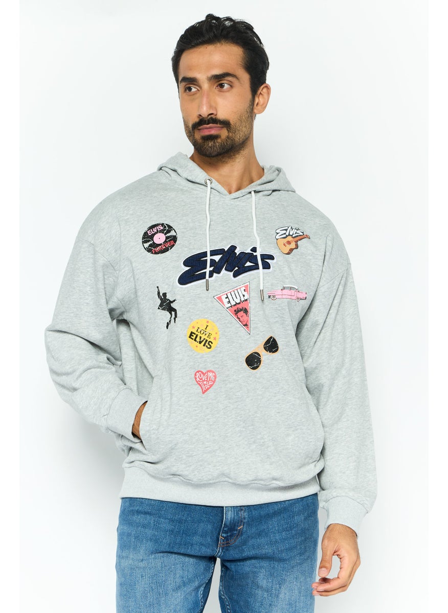ELVIS Men Hooded Brand Logo Long Sleeves Sweatshirt, Grey  - Image 1