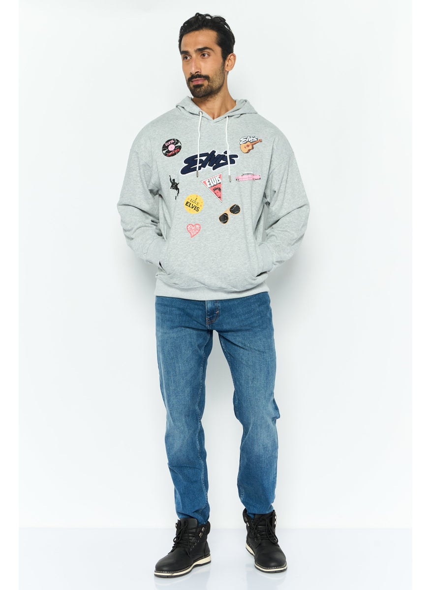 ELVIS Men Hooded Brand Logo Long Sleeves Sweatshirt, Grey  - Image 2