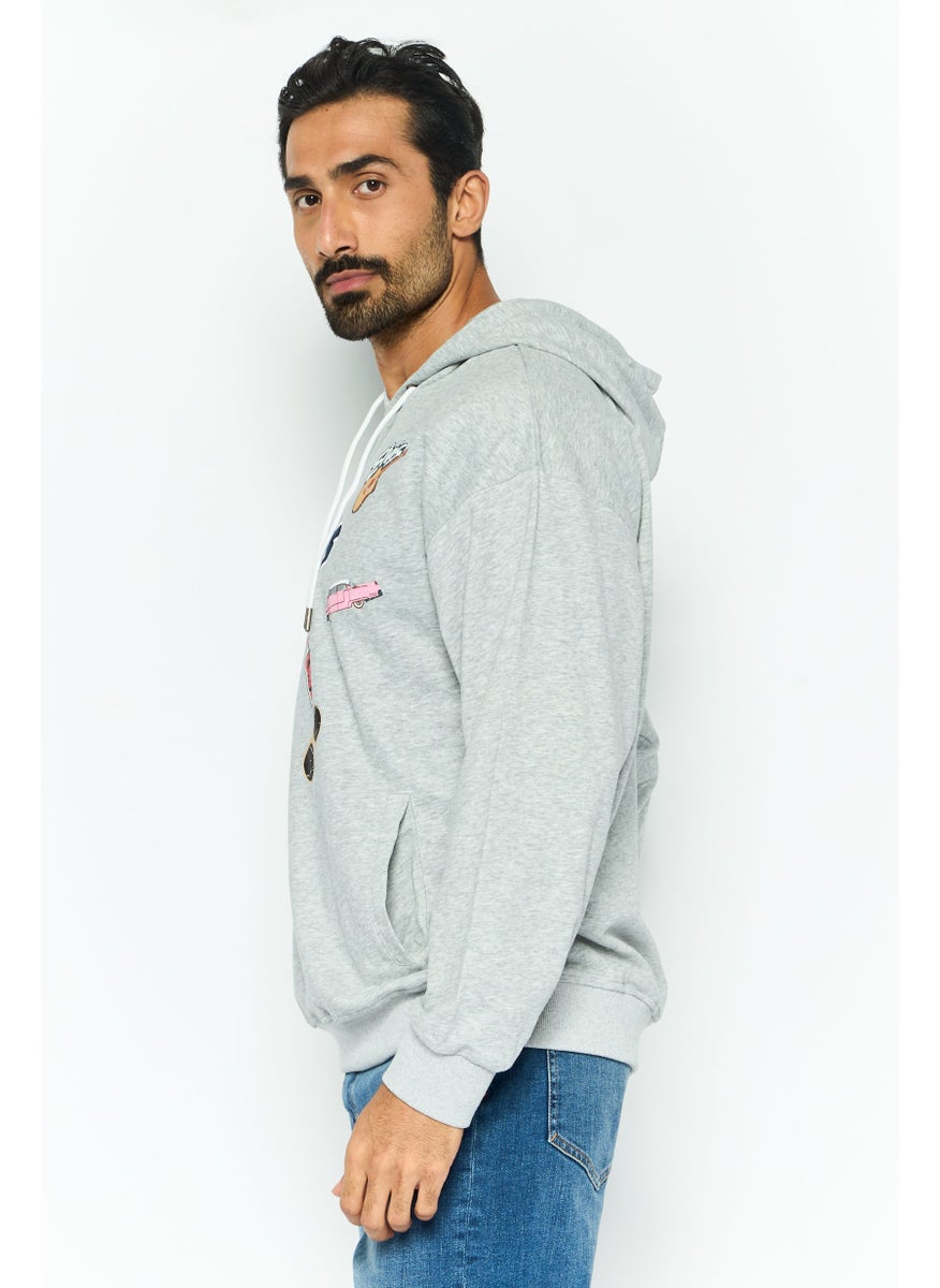 ELVIS Men Hooded Brand Logo Long Sleeves Sweatshirt, Grey  - Image 3