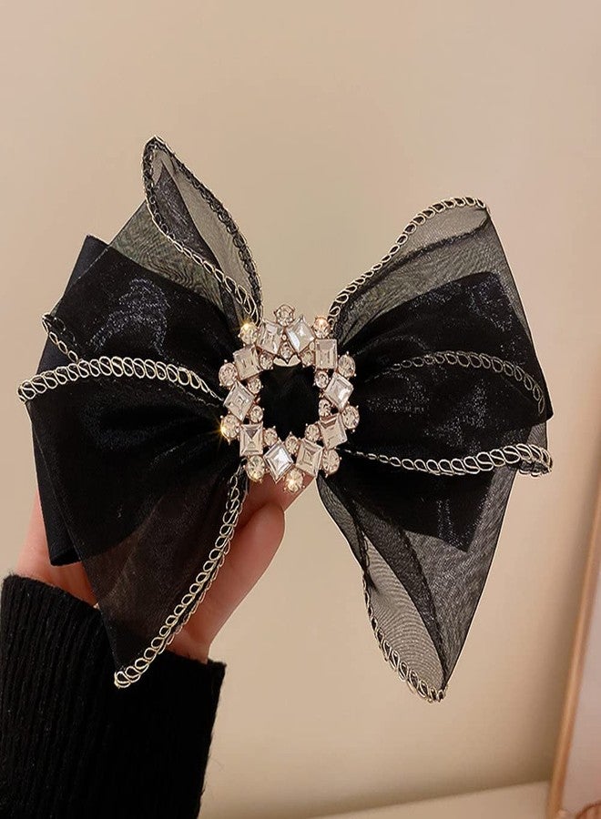Jumwrit Large Bow Hair Clip Rhinestone Hair Barrette Strong Hold Bowknot Hair Clip Mesh Hair Bow Fashion Hair Accessories for Women Girls（Black） - Image 3