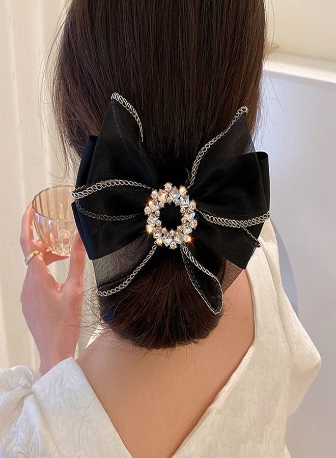 Jumwrit Large Bow Hair Clip Rhinestone Hair Barrette Strong Hold Bowknot Hair Clip Mesh Hair Bow Fashion Hair Accessories for Women Girls（Black） - Image 1