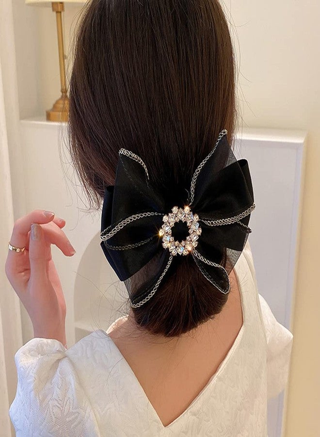Jumwrit Large Bow Hair Clip Rhinestone Hair Barrette Strong Hold Bowknot Hair Clip Mesh Hair Bow Fashion Hair Accessories for Women Girls（Black） - Image 2