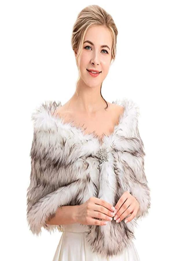 Aukmla Women's Brown Faux Fur Shawl Wedding Fur Wraps and Shawls Bridal Fur Stoles Scarf with Rhinestones Brooch for Bride and Bridesmaids (White+Brown, US 4-14 (S-M)) - Image 4