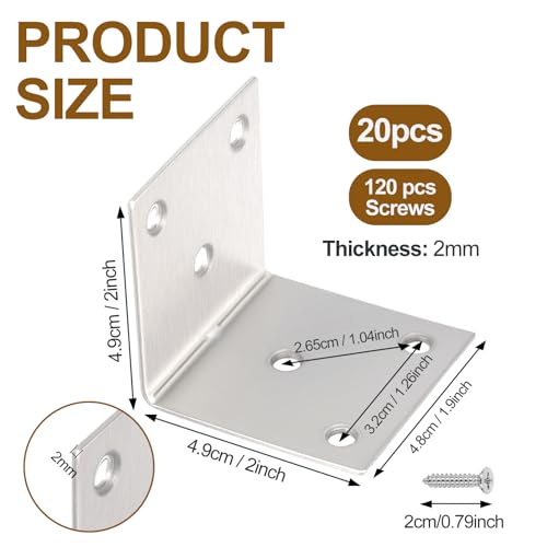 Vyndicca 20 PCS Stainless Steel Corner Braces90 Degree Right Angle BracketHeavy Duty L Brackets for WoodMetal Corner Brackets with 120 Screws for Wooden Frame Furniture Bed Bookshelf2x2x19inch - Image 3