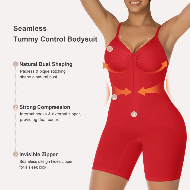 SHAPERX Shapewear Bodysuit for Women Tummy Control Seamless Zip-Up Body Shaper Waist Snatched Body Suit,SZ5862-Red-S/M - Image 3