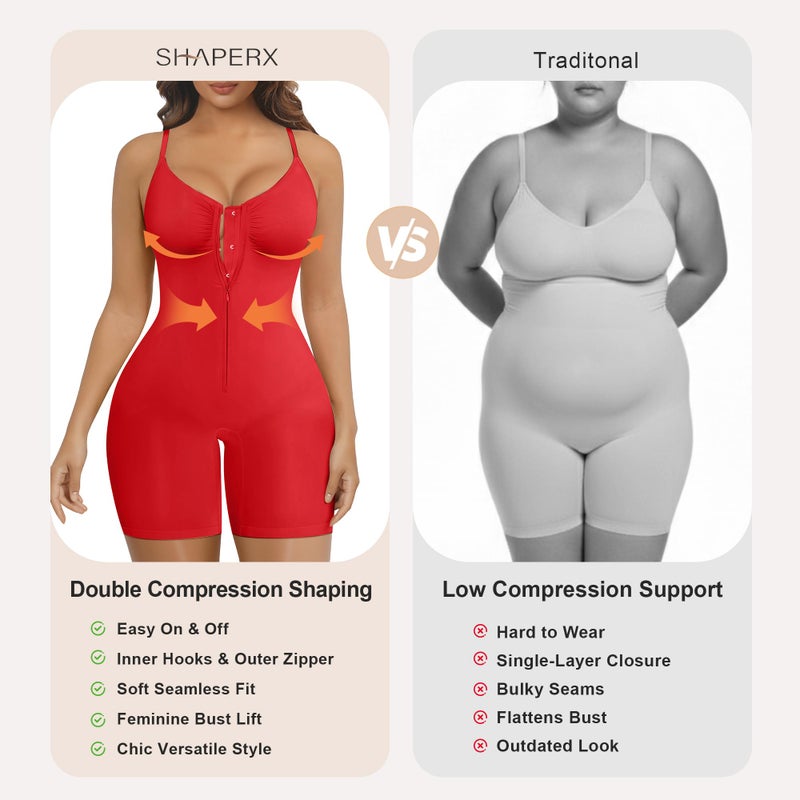 SHAPERX Shapewear Bodysuit for Women Tummy Control Seamless Zip-Up Body Shaper Waist Snatched Body Suit,SZ5862-Red-S/M - Image 5
