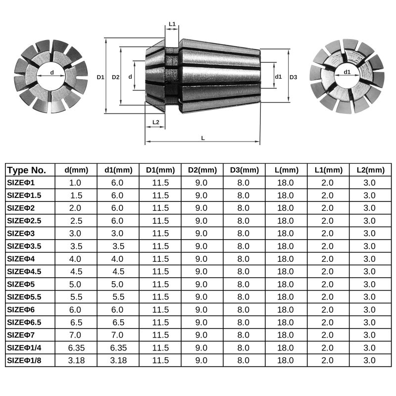 Genmitsu 15PCS ER11 Precision Spring Collet Set for CNC Engraving Milling Lathe Chuck Tool, 1.0mm-7.0mm & 1/4", 1/8" - Image 3