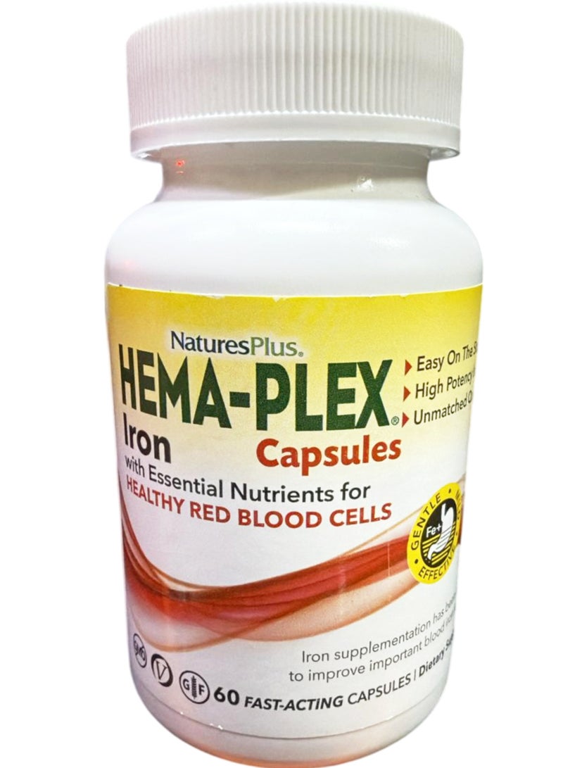 Nature's Plus Hema-Plex Iron, Healthy Red Blood Cells, 60 Fast-Acting Capsules - Image 1