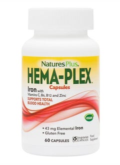 Nature's Plus NaturesPlus Hema-Plex Iron - 60 Fast-Acting Vegetarian Capsules - 85 mg Chelated Iron - Total Blood Health - with Vitamin C & Bioflavonoids - Vegan, Gluten Free - 20 Servings  - Image 1