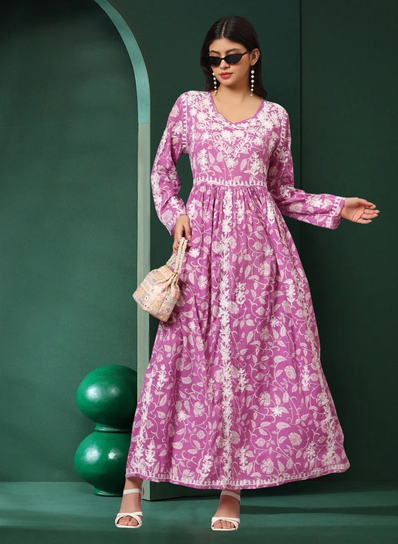 Alaya Hand Embroidered Lucknowi Chikankari  Printed Mulmul Cotton Jalabiya-AL3936