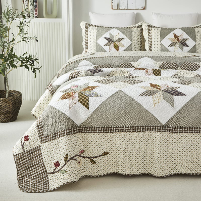 Brandream King Size Luxury Patchwork Quilts Cotton Farmhouse Quilted Comforter Set Vintage Quilt Bedding Set - Image 1