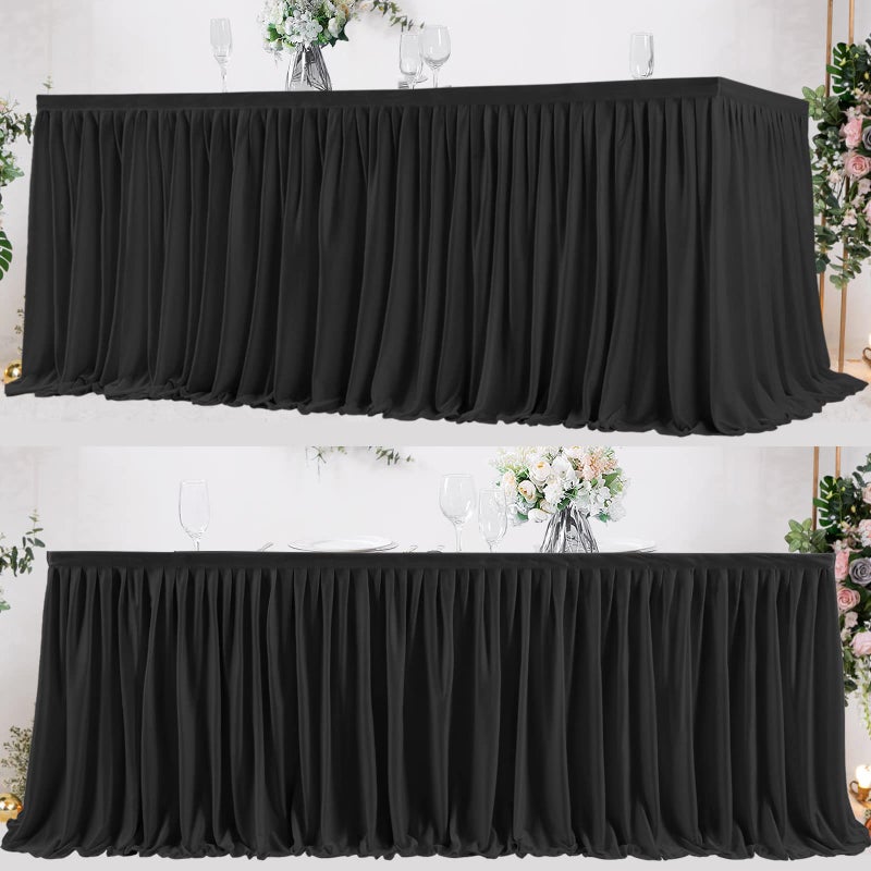 PARTISKY Black Polyester Table Skirt for Rectangle Tables 8ft, Wrinkle Resistant Pleated Ruffle Table Cloth for Banquet Wedding Trade Baby Shower Display Gift Dining Table - Image 1
