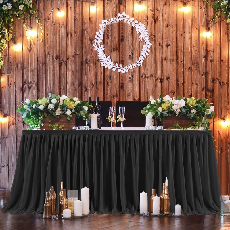 PARTISKY Black Polyester Table Skirt for Rectangle Tables 8ft, Wrinkle Resistant Pleated Ruffle Table Cloth for Banquet Wedding Trade Baby Shower Display Gift Dining Table - Image 4