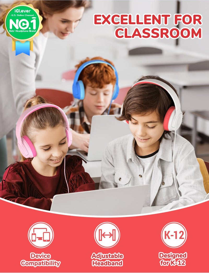 iClever سماعات iClever للأطفال للمدرسة K-12، حجم آمن 85dBA، خالية من التشابك، جاك 3.5 مم، ستيريو عالي الدقة، سماعات قابلة للطي والدوران للأطفال مع سلك للفصل الدراسي/الطلاب/الأجهزة اللوحية/الكمبيوتر المحمول، عبوة 5 قطع - Image 2