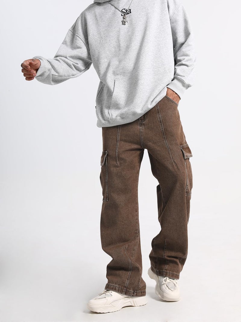 FantasyGears Mens Baggy Jeans for Men Women Y2k Skater Vintage Plain Pants Multiple Pockets Casual Wide Leg Loose Fit Cargo Denim Jeans Brown - Image 2