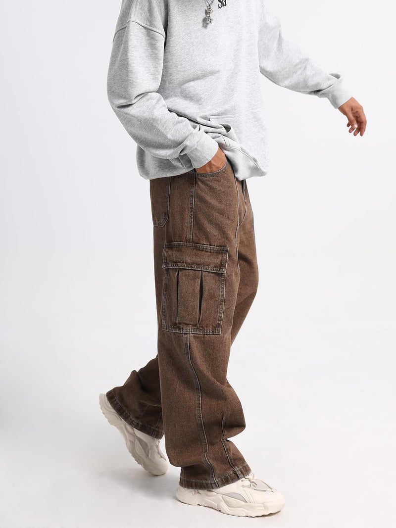 FantasyGears Mens Baggy Jeans for Men Women Y2k Skater Vintage Plain Pants Multiple Pockets Casual Wide Leg Loose Fit Cargo Denim Jeans Brown - Image 3