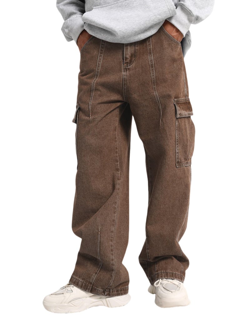 FantasyGears Mens Baggy Jeans for Men Women Y2k Skater Vintage Plain Pants Multiple Pockets Casual Wide Leg Loose Fit Cargo Denim Jeans Brown - Image 1